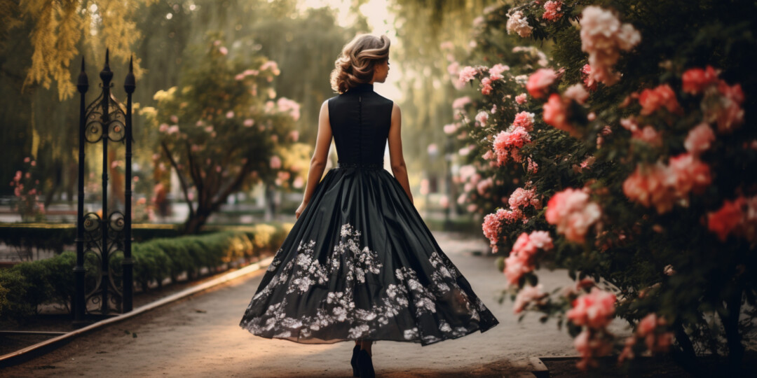 Дівчина гуляє в парку в чорних туфлях на підборах і в квітковій сукні