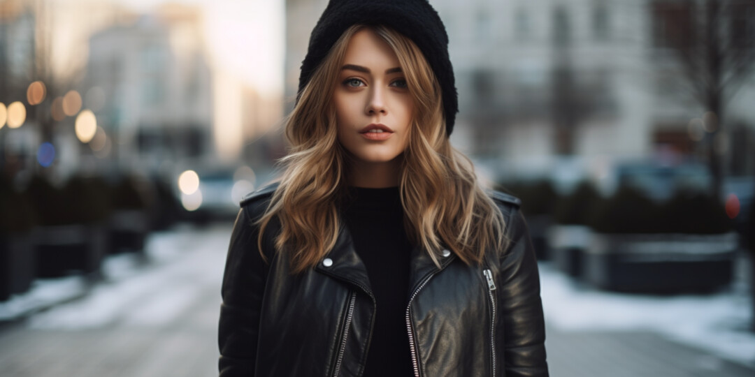 Дівчина в класичній чорній шкіряній куртці на вулиці взимку