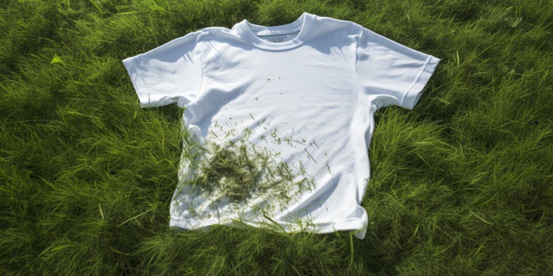 Біла футболка з плямами від трави на газоні