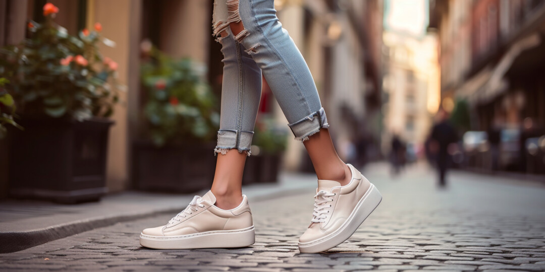 Дівчина в Cuffed джинсах та бежевими кедами на вулиці