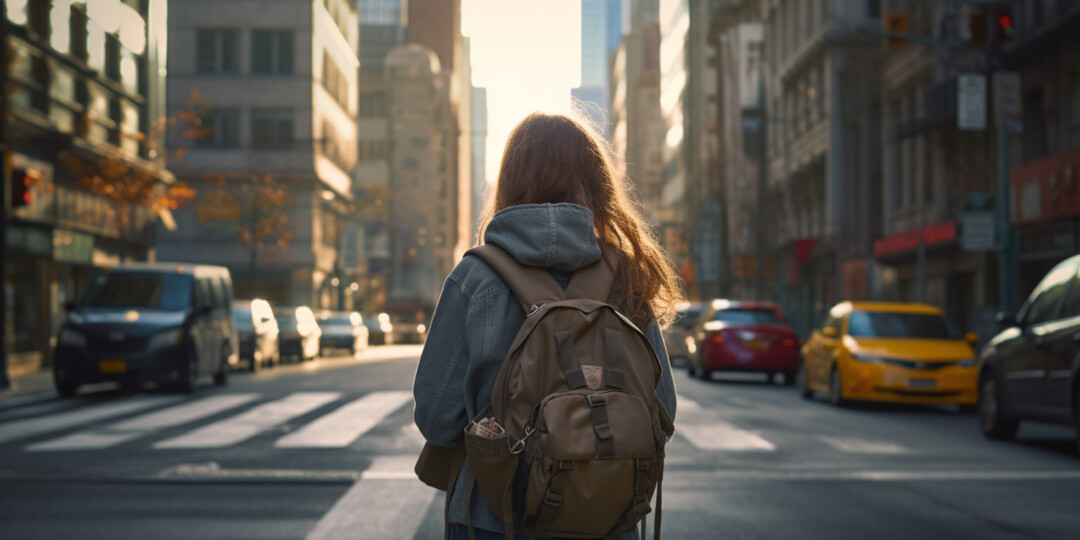 Дівчина з рюкзаком на дорозі в великому місті