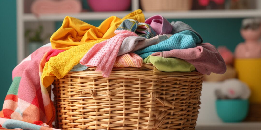 Різнокольоровий одяг в кошику для білизни в пральній