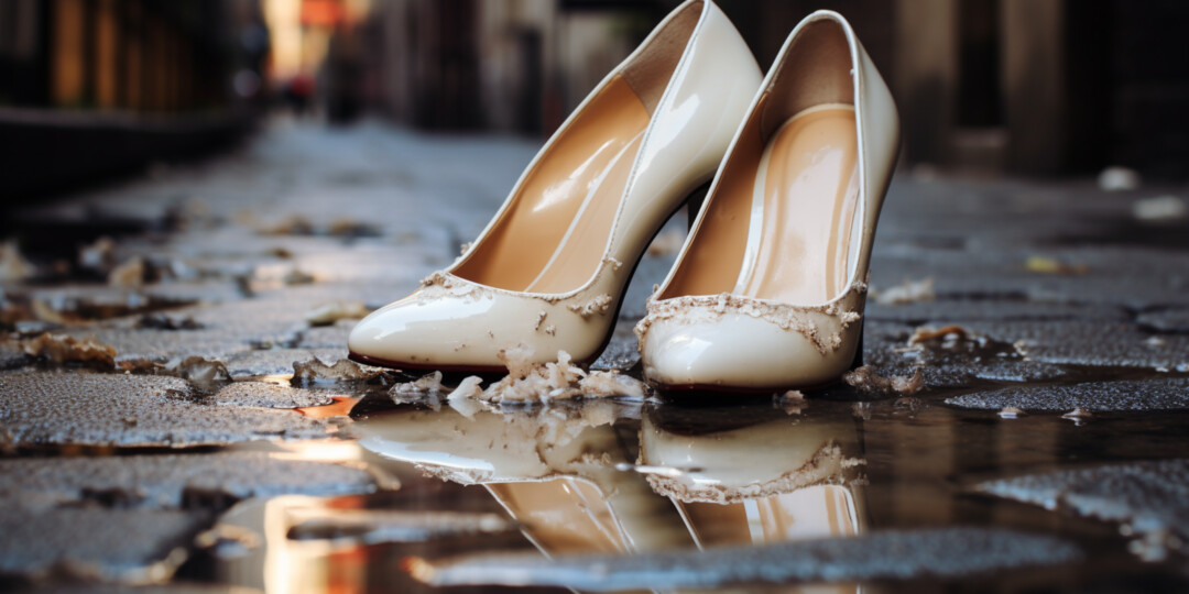 Брудні бежеві лаковані жіночі туфлі на вулиці біля калюжі