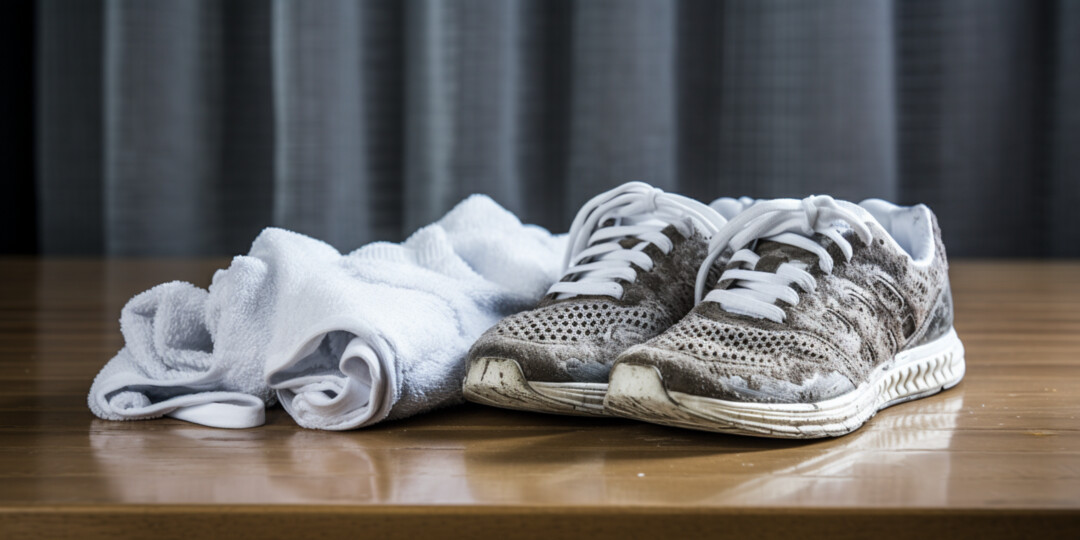 Брудні жіночі кросівки з сіткою на столі поруч з білими чистими рушниками