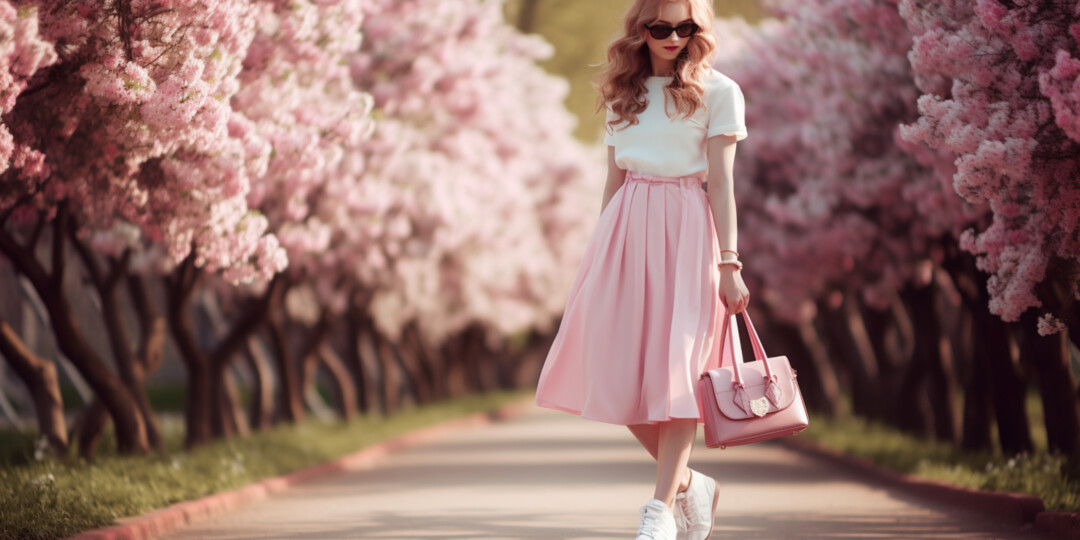 Дівчина йде по парку в білих кросівках, рожевій сукні та в білій футболці з маленькою рожевою сумочкою