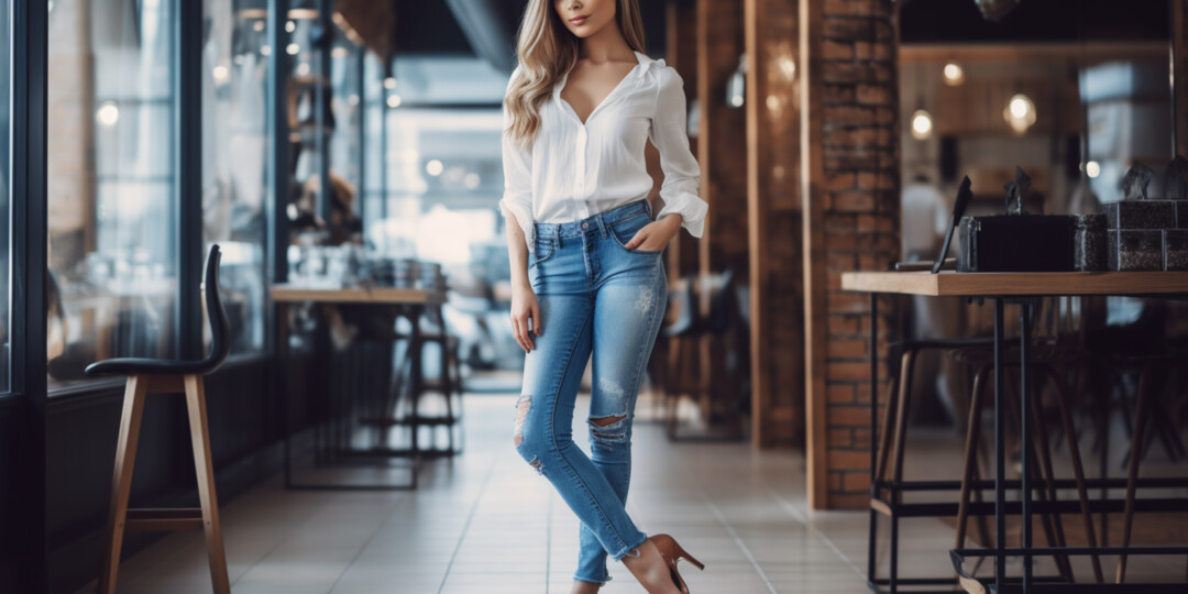 Модель в Low Rise джинсах на високих підборах та блузою в кафе