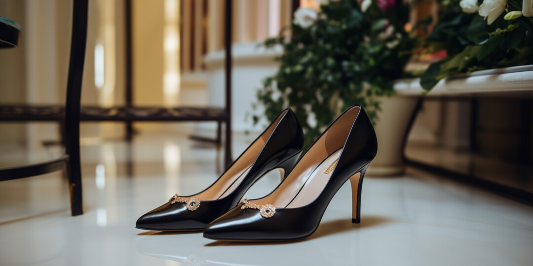 Жіночі чорні туфлі на середньому каблуку стоять в коридорі квартири