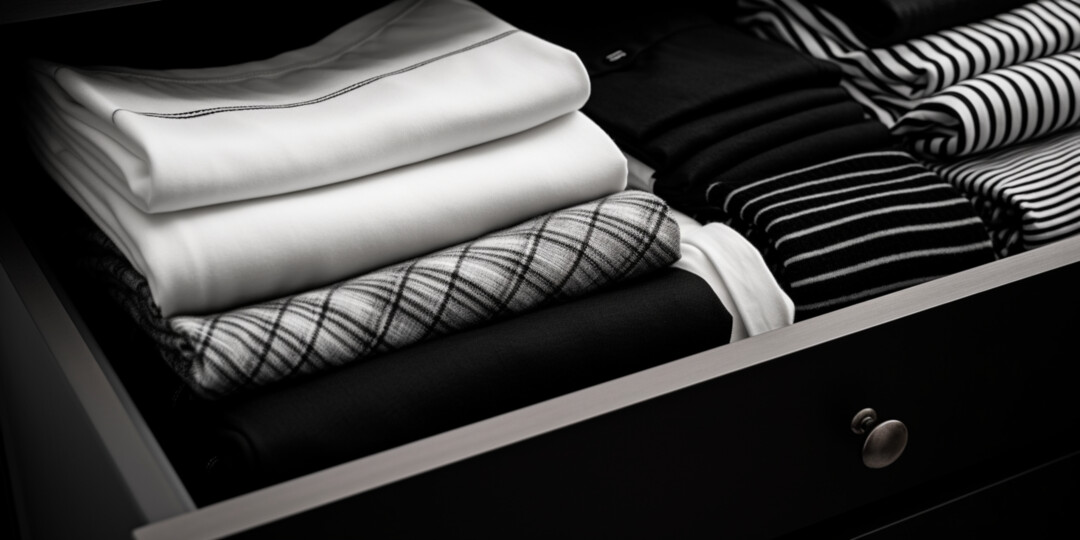 В ящику гардероба лежить складений чорно-білий одяг