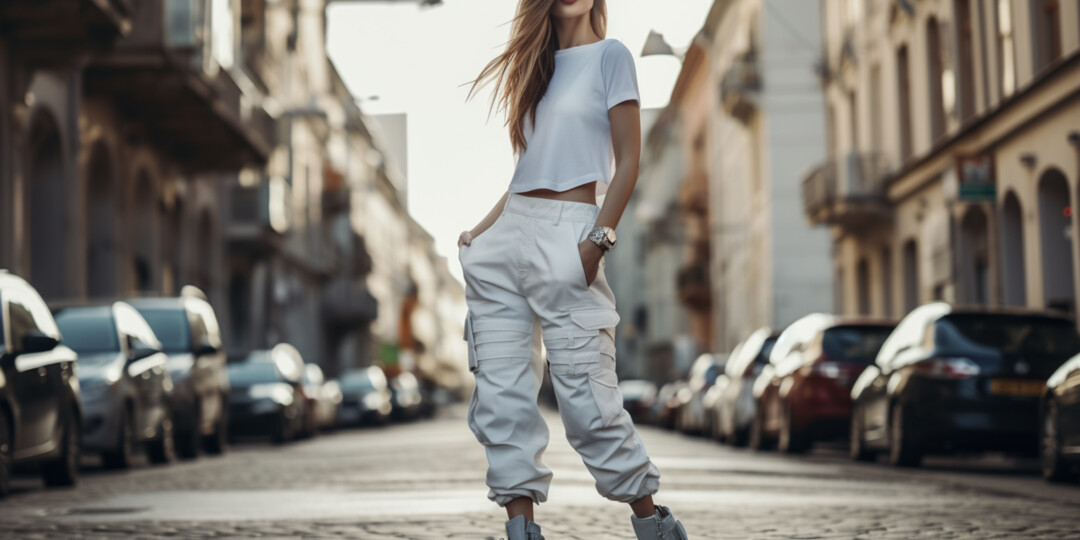 Модель в Cargo jeans з багатьма кишенями та білою футболкою в великому місті