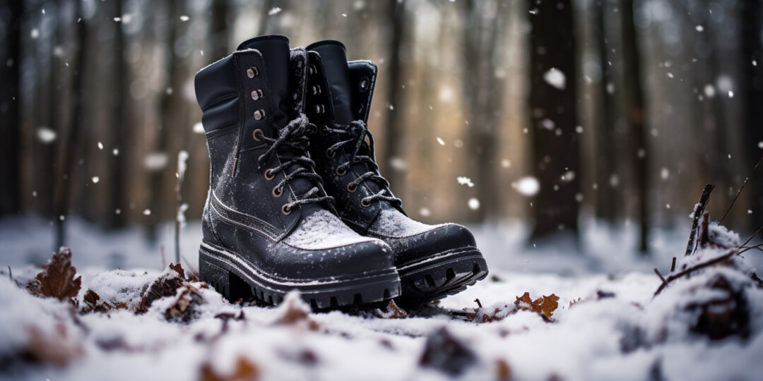 Чорні жіночі черевики в зимовому лісі на снігу