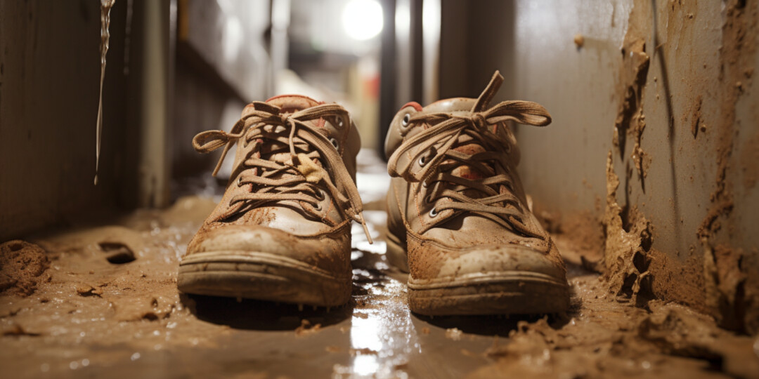 Брудні жіночі кросівки в забрудненому коридорі
